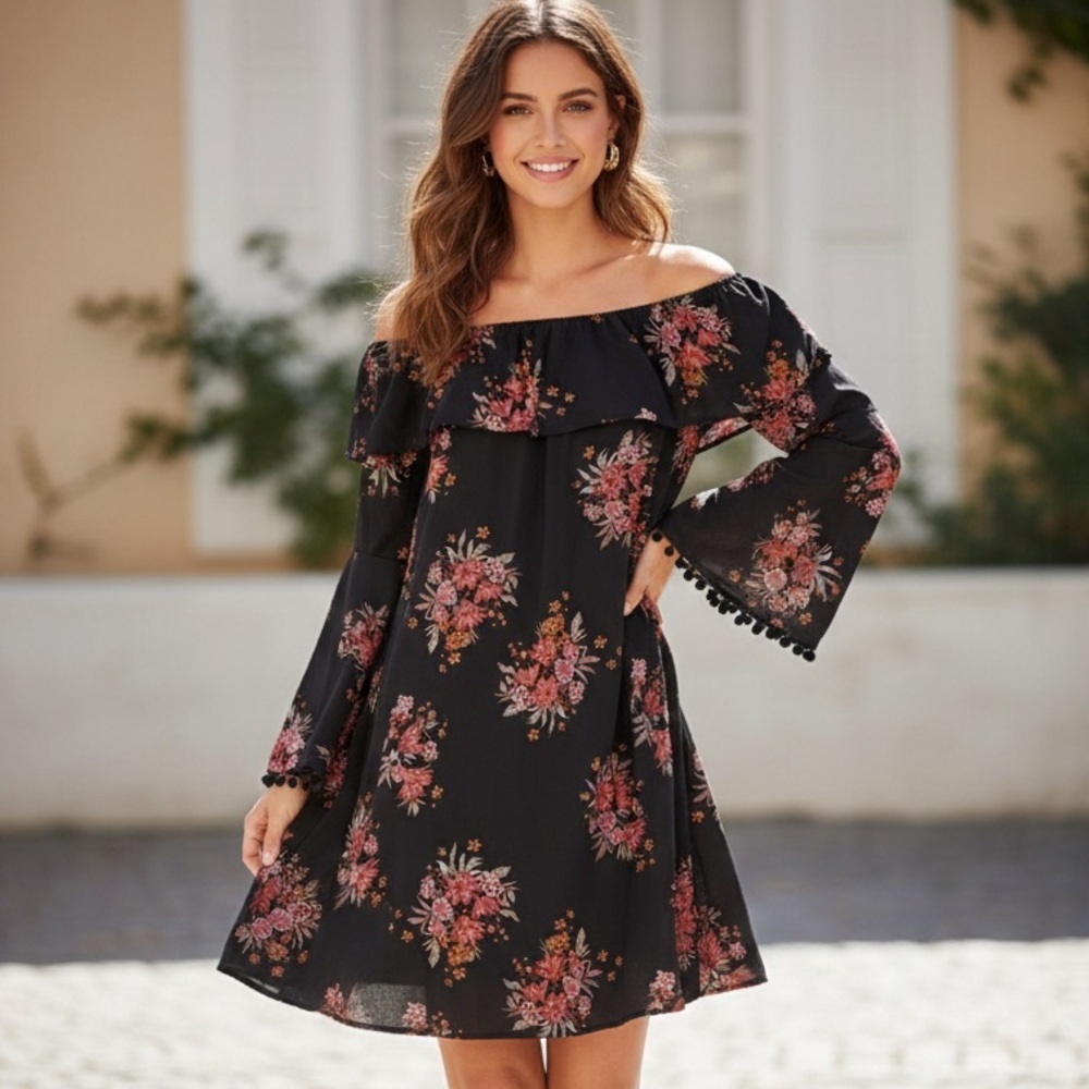 Design Lab Boho Floral Off-the-Shoulder Bell Sleeves Flowy Dress
